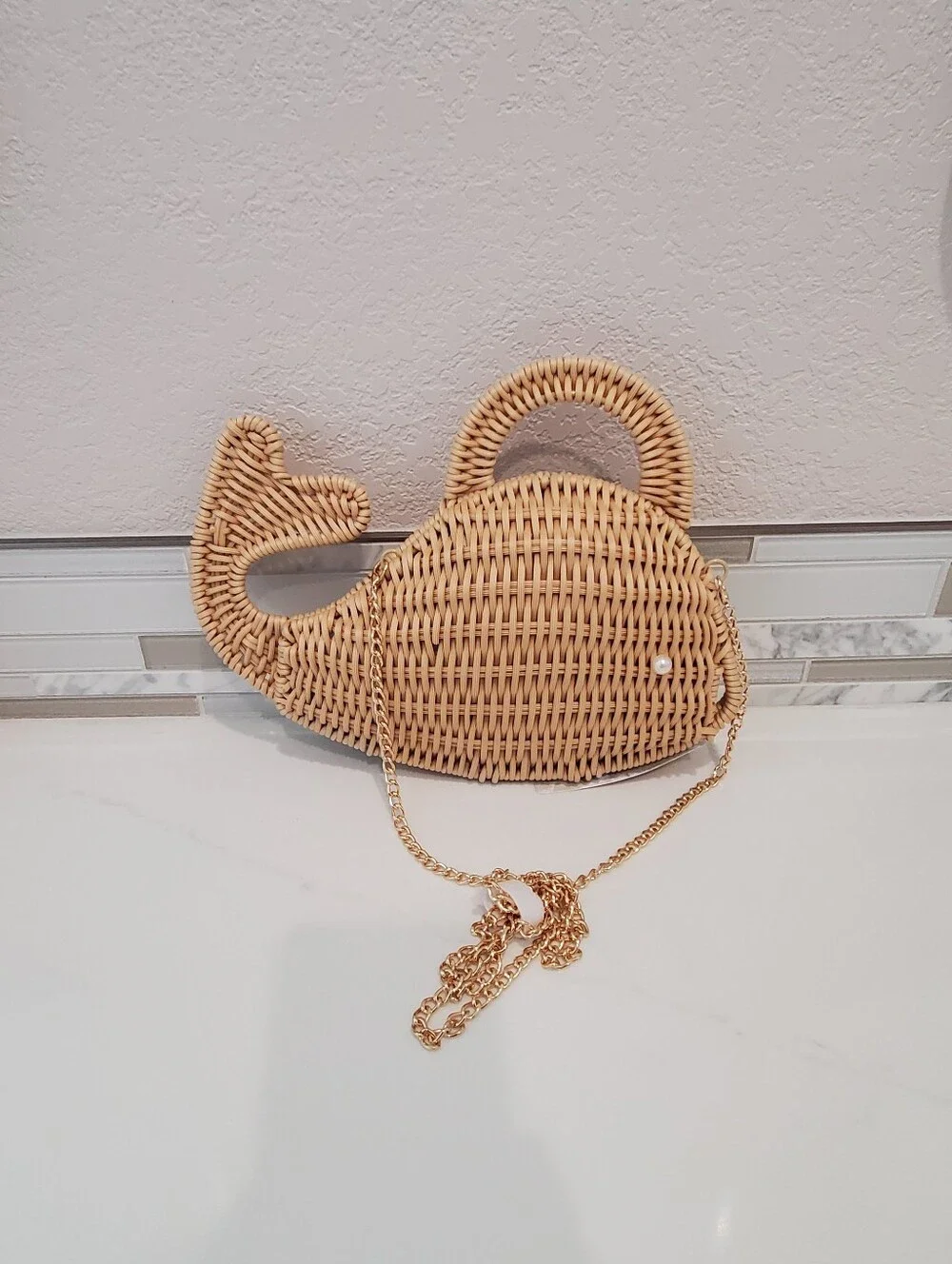 Tommy Bahama Wicker Whale Purse, Chain Strap, in Natural Color, Pearl Eyes - Picture 4 of 7